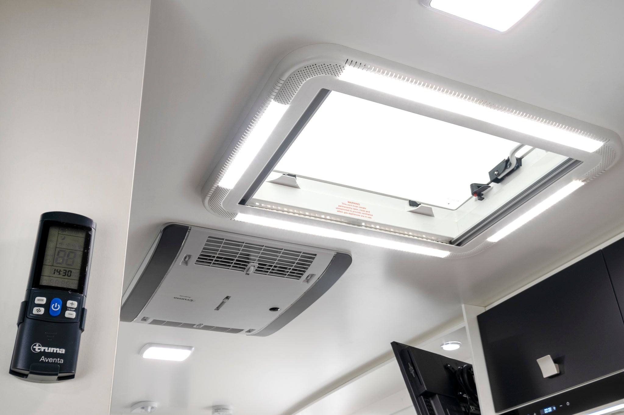 Winnebago Coogee Roof hatch to living area with LED lights