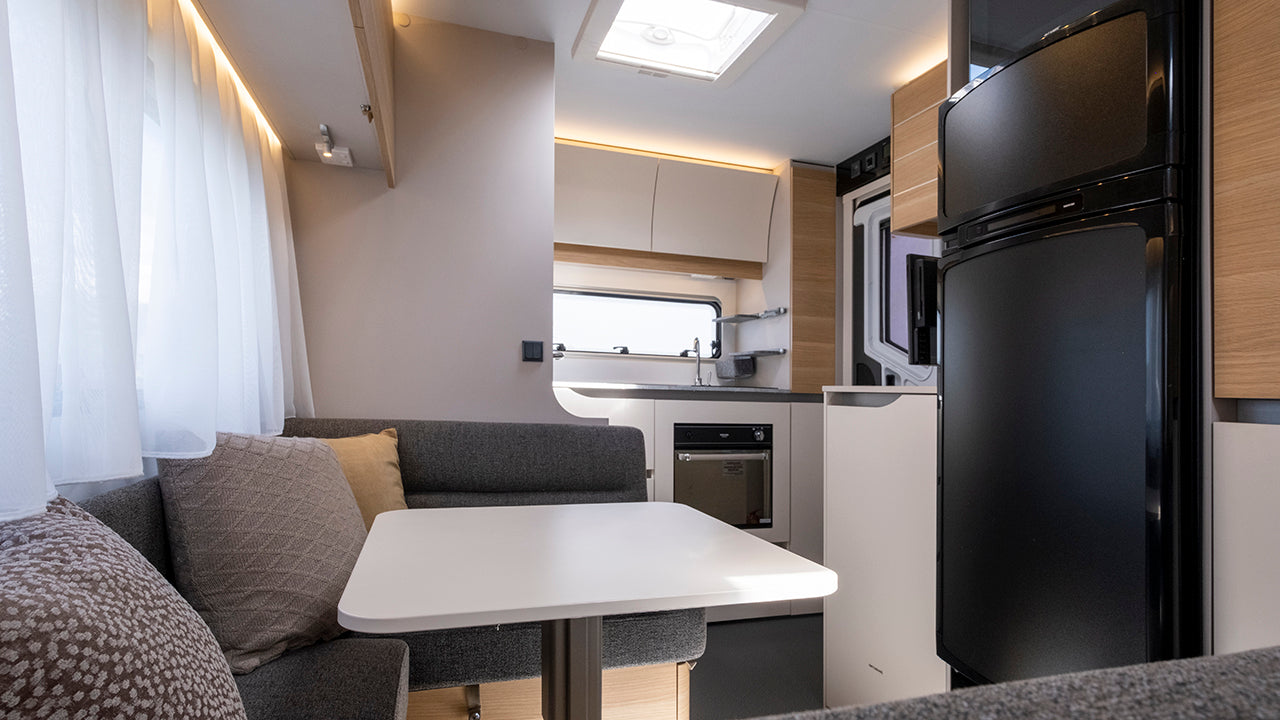 Adria Adora 542PH Lounge and kitchen with fridge