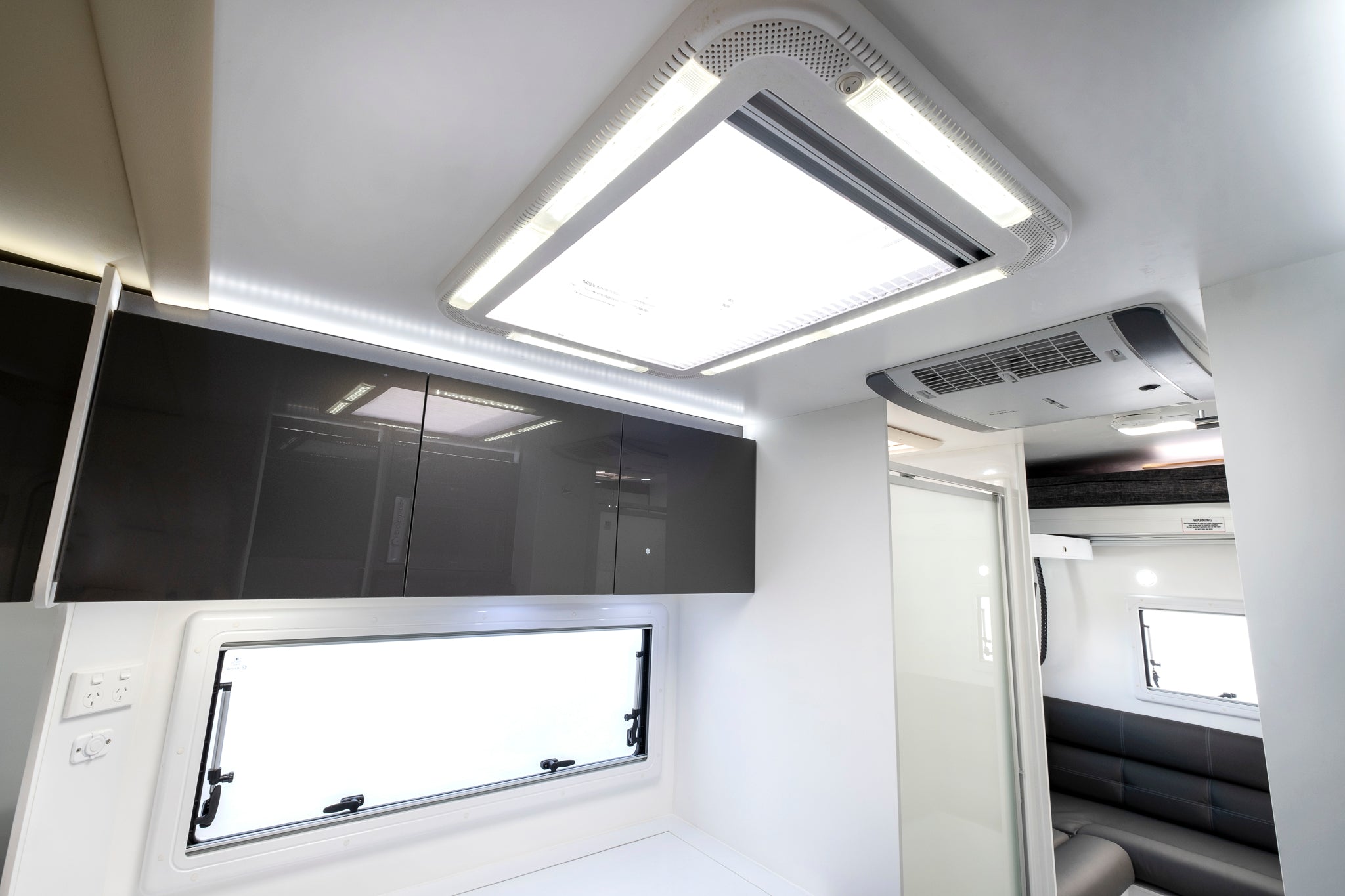 Windsor Flinders motorhome overhead storage and roof hatch with LED lights